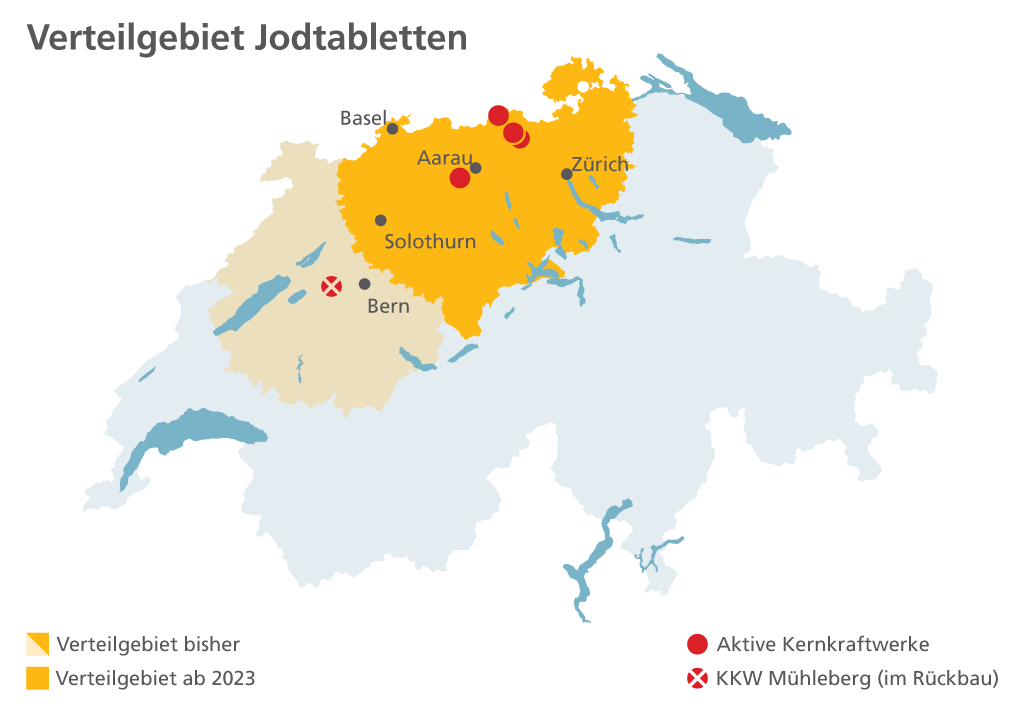Schweizer Karte: Verteilung der Iodtabletten innerhalb von 50 km um ein Schweizer KKW 