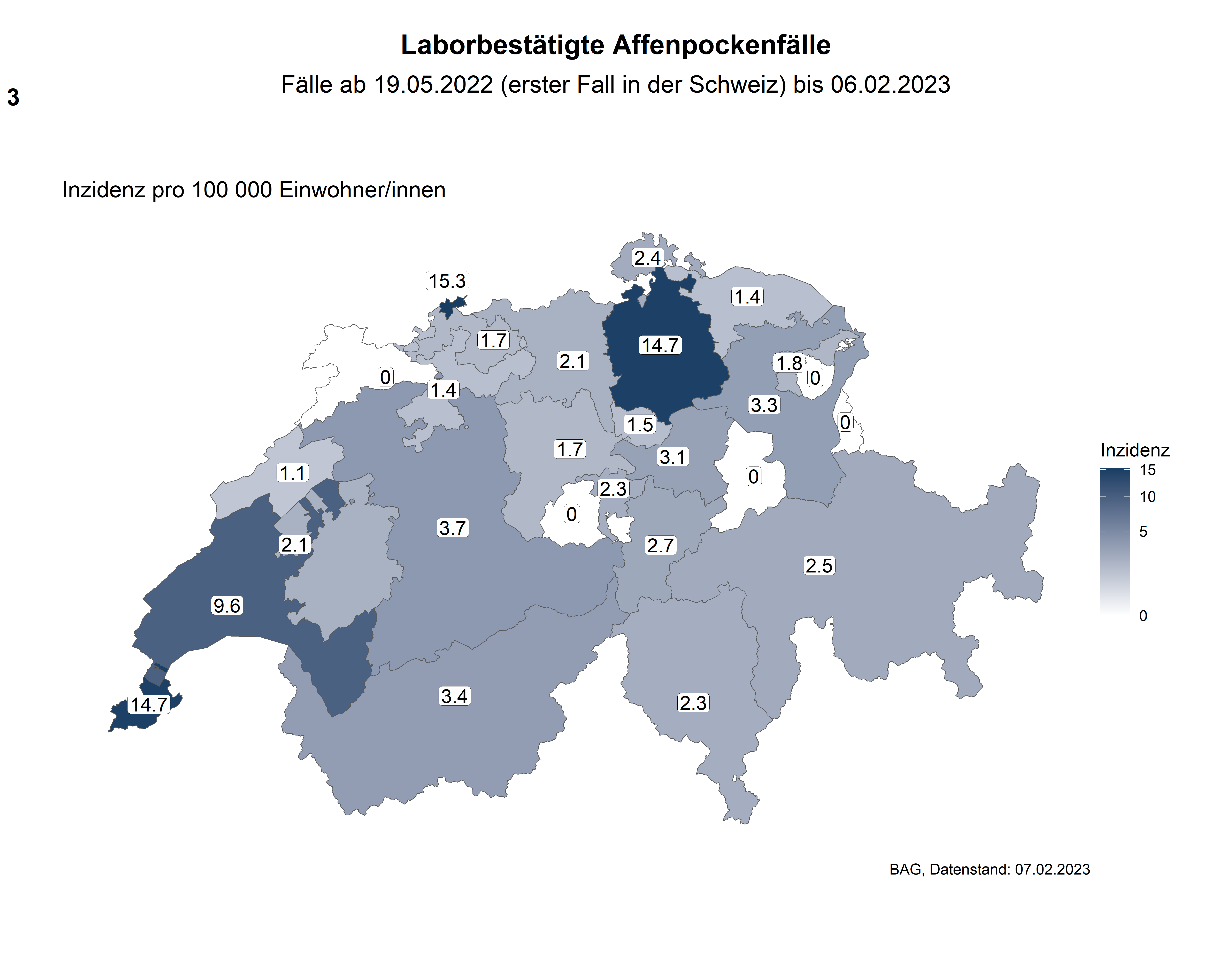 Abbildung 3: Geographische Verteilung der laborbestätigten Affenpocken-Fälle in der Schweiz nach kantonalen Inzidenzen (Fälle pro 100 000 Einwohner/innen) (zugehörige Daten in der Excel-Tabelle)