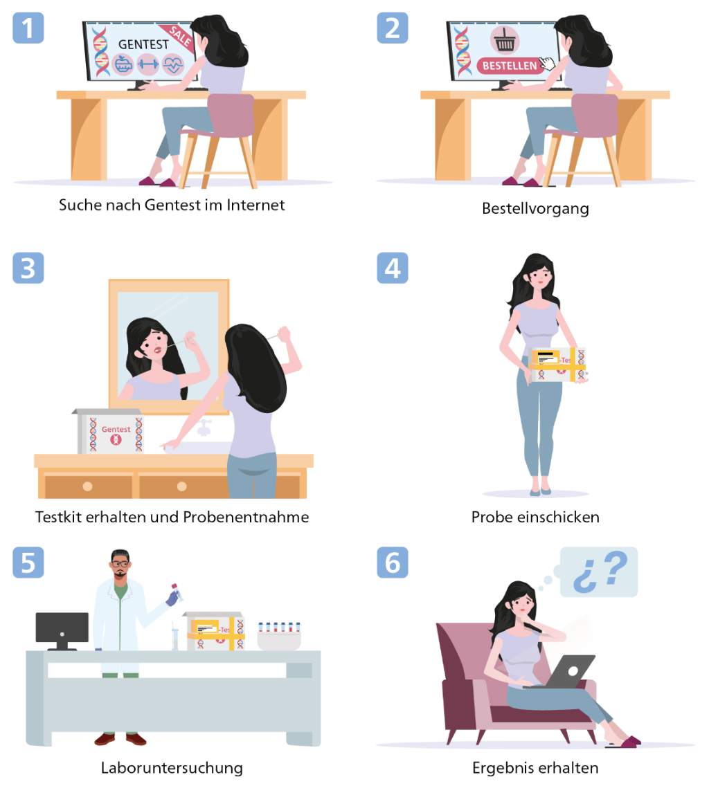 Inhalt der Infografik: Ablauf eines «Direct-to-consumer» Gentests. Sämtliche Informationen sind in der Bildlegende enthalten.