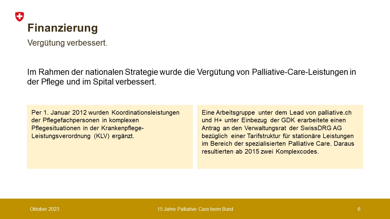 Im Rahmen der nationalen Strategie wurde die Vergütung von Palliative-Care-Leistungen in der Pflege und im Spital verbessert.