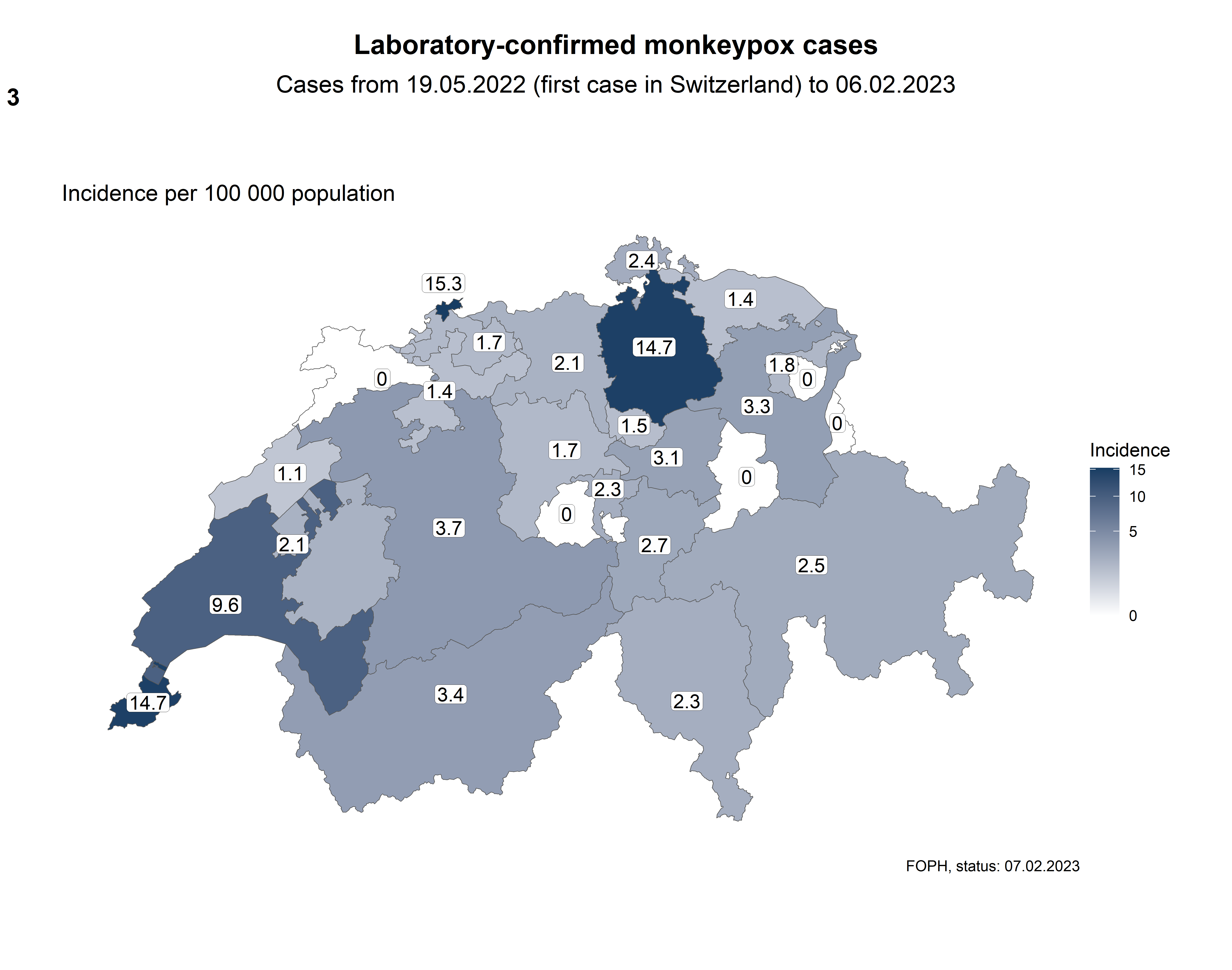 Figure 3: Geographical distribution of laboratory-confirmed monkeypox cases in Switzerland by cantonal incidence rate (cases per 100,000 population) (related data in the Excel table)