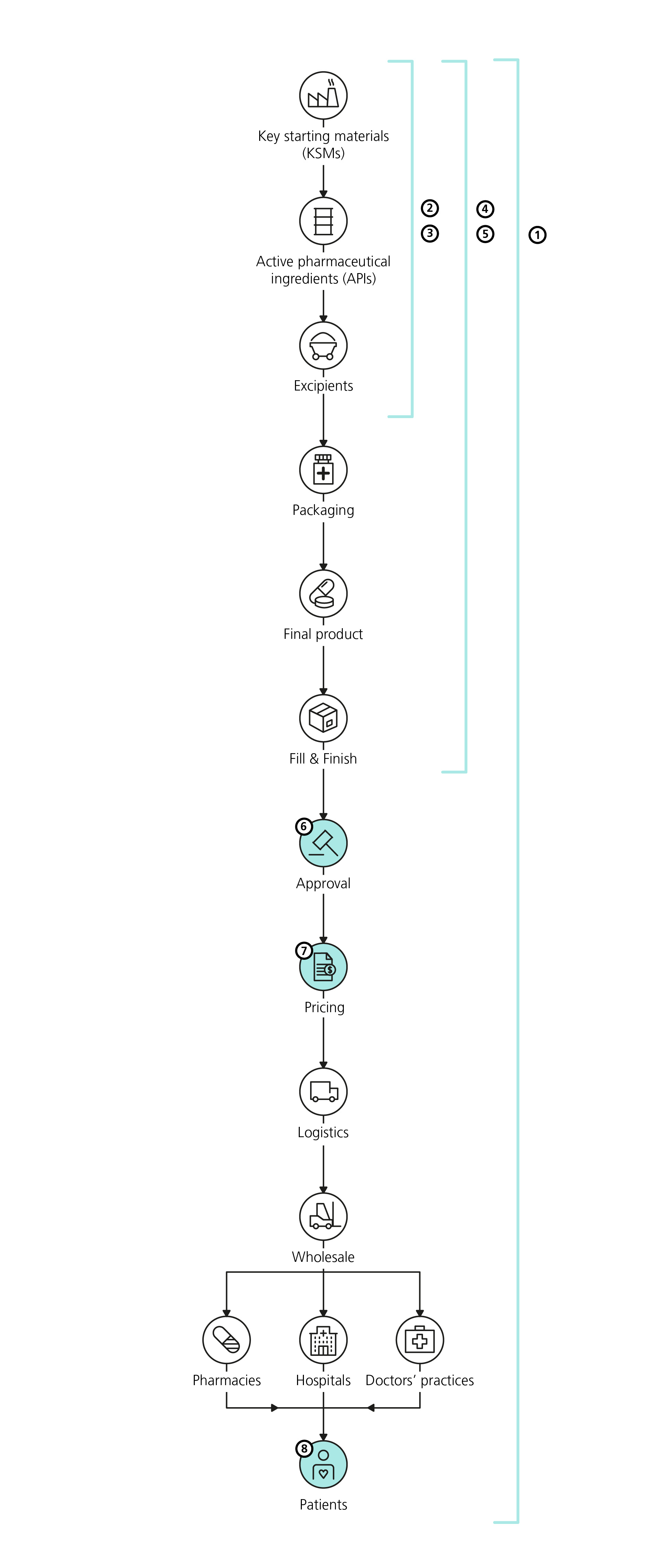 The vertical flowchart illustrates the medicine supply chain, whose 12 steps run from top to bottom. Each step and its icon follows the other: a) Key starting materials (KSMs), b) Active pharmaceutical ingredients (APIs), c) Excipients, d) Packaging, e) The final product, f) Fill & finish, g) Approval, h) Pricing, i) Logistics, j) Wholesale, k) Pharmacies, hospitals and doctors’ practices (all the same step) and l) Patients.   The flowchart also features the numbers 1 to 8, which each stand for a possible cause of supply chain disruption, and whose placement in the chain indicates where this may occur. These causes are described at length on the webpage after the flowchart illustration. Cause 1 has an impact throughout the supply chain. Causes 2 and 3 can extend over the first three supply chain steps of KSMs, APIs and Excipients. Causes 4 and 5 may extend over the first six supply chain steps, up to and including Fill & finish. Cause 6 relates to the Approval step, Cause 7 applies to Pricing and Cause 8 relates to the Patients.  This presentation permits a more detailed examination of what may cause disruptions to supplies at the various stages along the medicine supply chain.