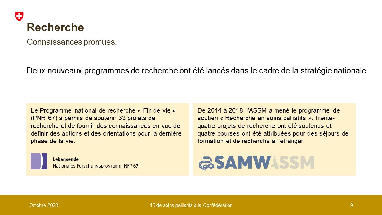 Connaissances promues. Deux nouveaux programmes de recherche ont été lancés dans le cadre de la stratégie nationale: 1. Le Programme national de recherche « Fin de vie » (PNR 67) a permis de soutenir 33 projets de recherche et de fournir des connaissances en vue de définir des actions et des orientations pour la dernière phase de la vie. 2. De 2014 à 2018, l’ASSM a mené le programme de soutien « Recherche en soins palliatifs ». Trente-quatre projets de recherche ont été soutenus et quatre bourses ont été attribuées pour des séjours de formation et de recherche à l’étranger. 