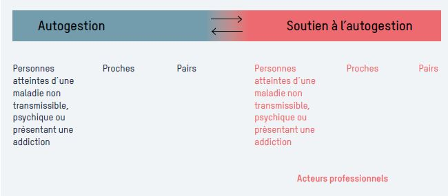 Les personnes concernées, les pairs et les proches constituent les groupes d'acteurs dans l'autogestion, auxquels s'ajoutent les acteurs professionnels dans le soutien à l'autogestion.