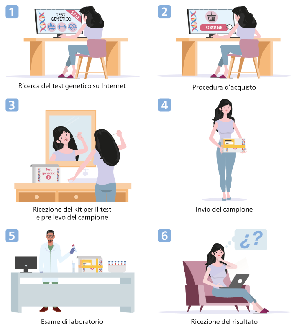 Contenuto del grafico informativo: svolgimento di un test genetico «direct-to-consumer». Tutte le informazioni sono contenute nella didascalia.