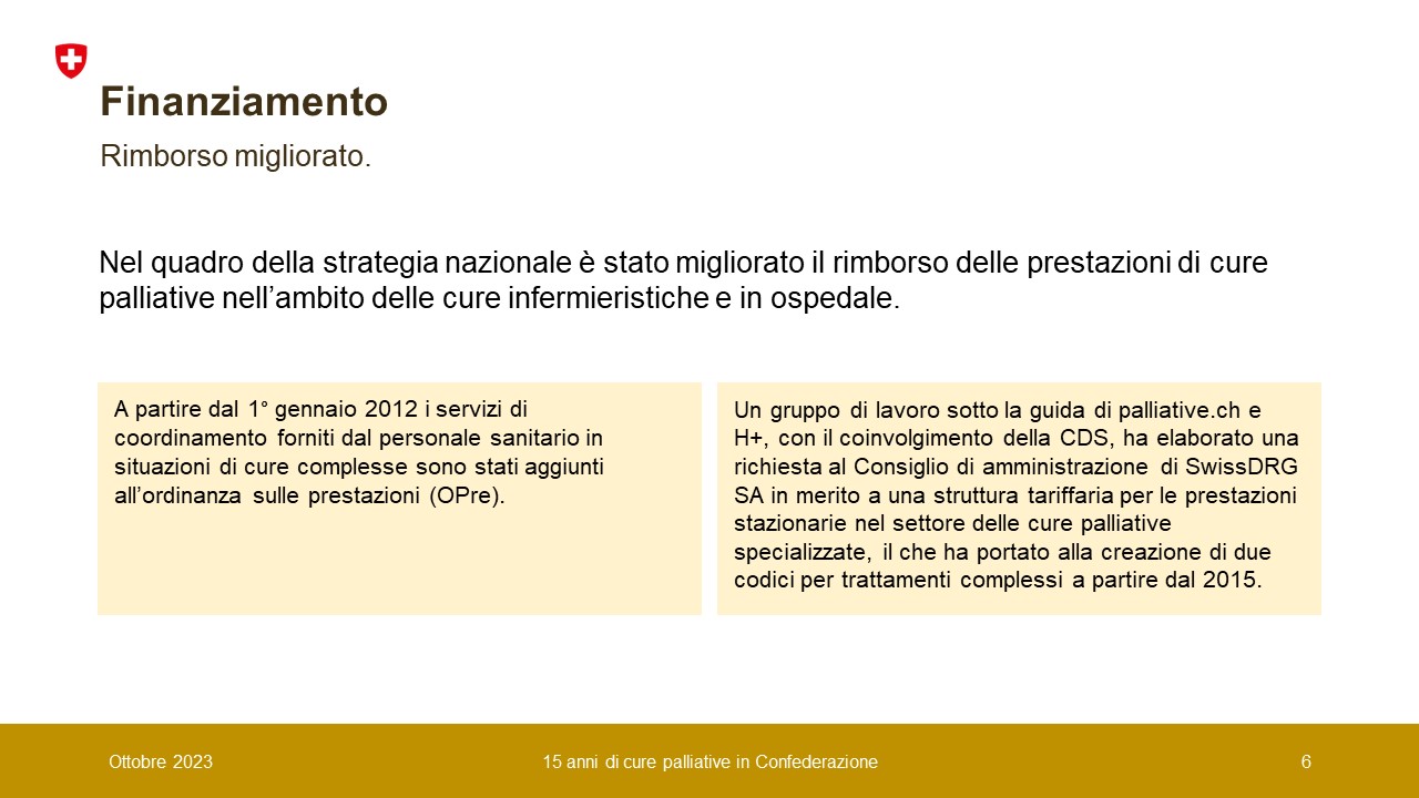 Rimborso migliorato. Nel quadro della strategia nazionale è stato migliorato il rimborso delle prestazioni di cure palliative nell’ambito delle cure infermieristiche e in ospedale.